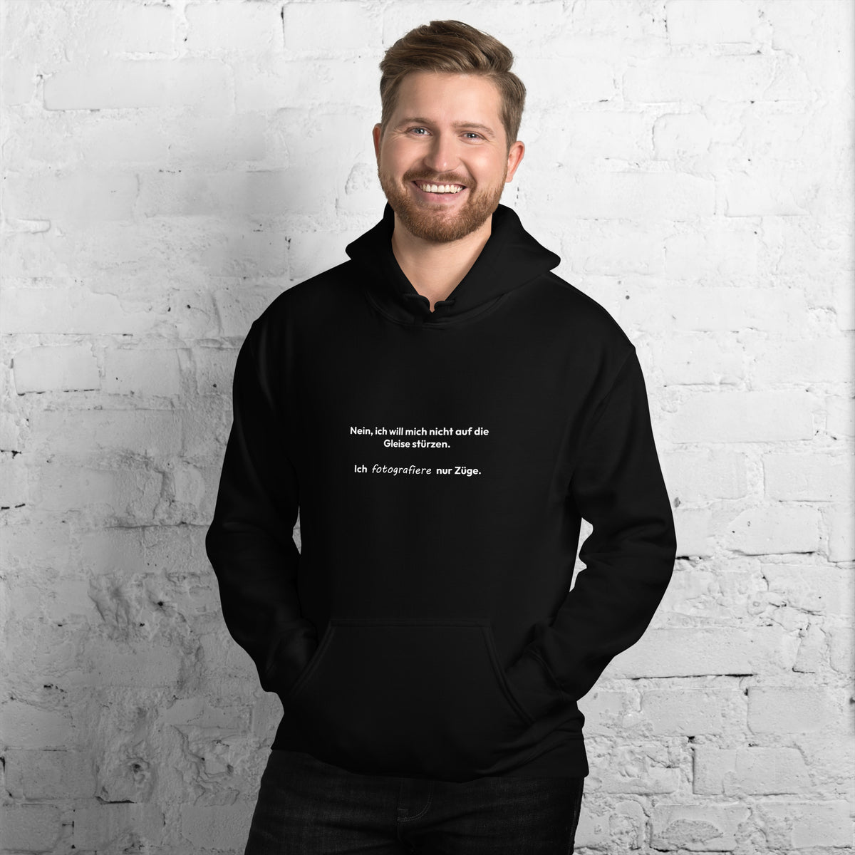 "Ich fotografiere nur Züge." - Unisex Hoodie (Bedruckt) [Schwarz]